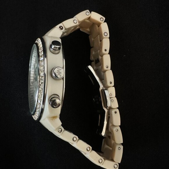 Michael Kors MK5079 Chronograph White Ivory Acrylic Bracelet Watch Crystal Bezel - Picture 6 of 8